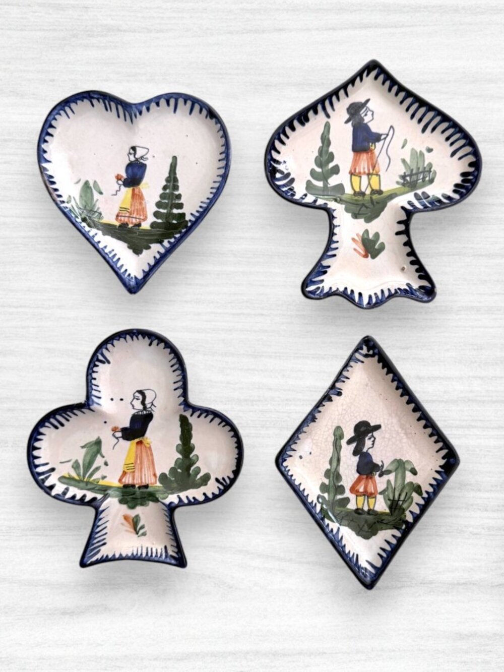 Vintage HB Quimper France Card Suit Trinket Dishes Set of 4 Hand Painted Faience